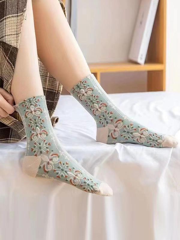 Women's 5 Pairs Ethnic Pattern Crew Socks, Fashion Casual Cozy Socks for Daily Outdoor Wear, Women Socks for All Seasons, Cold Weather Gear