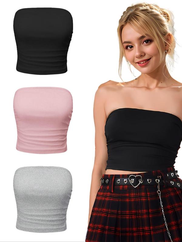 Women's Solid Ruched Crop Tube Top, Summer Clothes Women, Casual Basic Strapless Top for Summer, Women's Clothes for Daily Wear, Please Purchase One Size Smaller, Chic Womenswear