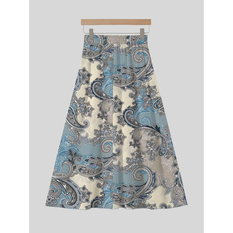 Cashew Flower Print Midi Aline Skirt, Elegant & Versatile Mid Waist Skirt For Spring & Summer, Women's Clothing