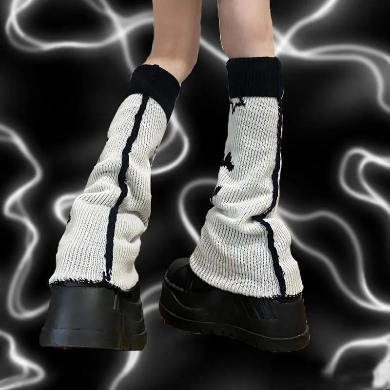 Y2k Star Skull Print Two Side Wear Knitted Leg Warmers Socks Punk Girls Japanese Kawaii Streetwear Leg Cover