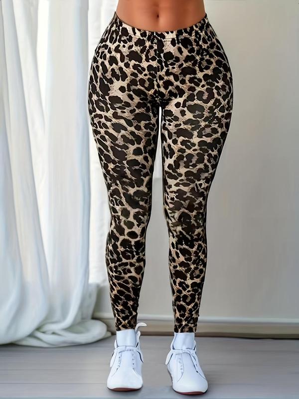 Plus Size Leopard Print Elastic Waist Leggings, Casual Comfy High Waist Skinny Pants for Women, Women's Bottoms for Summer