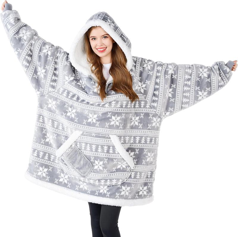 Christmas 2024 Gifts Giggling Getup Wearable Blanket Hoodie for Women Men - Oversized Flannel Sherpa Fleece Sweatshirt Blanket - with Giant Pocket & Sleeves - Cozy Warm Blanket Gifts for Adults Grey Snowflake