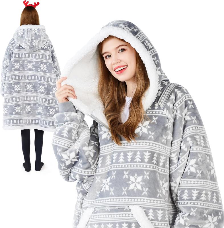 Christmas 2024 Gifts Giggling Getup Wearable Blanket Hoodie for Women Men - Oversized Flannel Sherpa Fleece Sweatshirt Blanket - with Giant Pocket & Sleeves - Cozy Warm Blanket Gifts for Adults Grey Snowflake