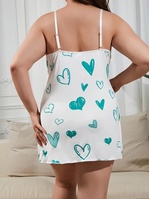 Women's Plus Size Heart Print Lace Trim Split Cami Nightdress, Night Gown for Women, House Dress for Women, Casual Comfy Spaghetti Strap Sweetheart Neck Nightgown, Summer Clothes Women, Lady Sleepwear & Homewear