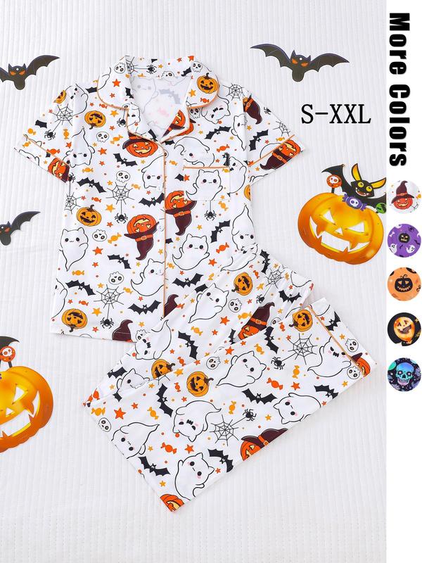 Christmas Collection Two-Piece Set Women's Pajama Set, Fall Clothes, Halloween Ghost & Pumpkin Print Button Front Shirt & Elastic Waist Pants PJ Set, Matching Halloween Pajamas, Christmas Pajamas, Ladies Sleepwear for Fall, Birthday Gifts