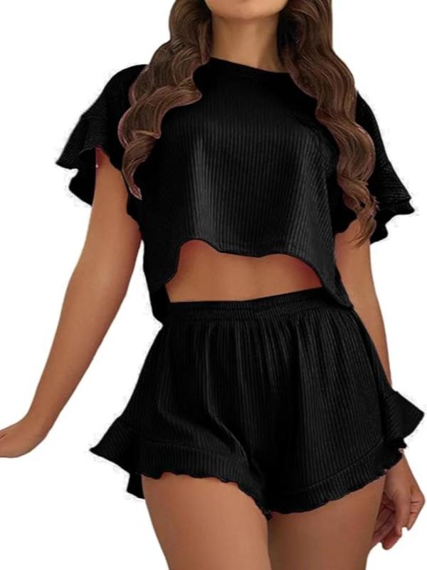 Two-piece Set Women's Solid Color Ruffle Hem Crop Top & Shorts Pyjama Set, Casual Comfy Drop Shoulder Top & Shorts Pj Set, Ladies Summer Sleepwear