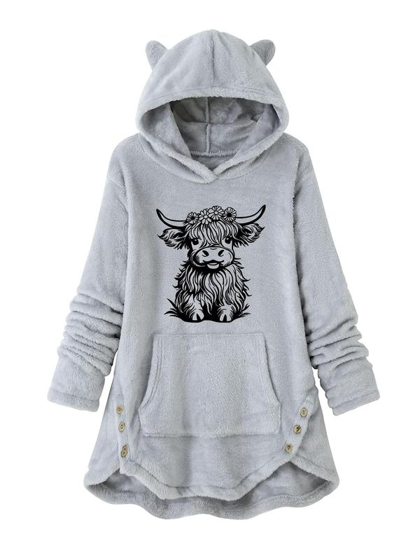 Women's Cartoon Highland Cow Print Button Front Hooded Sweatshirt, Casual Long Sleeve Pocket Design Hoodie for Fall & Winter, Women's Clothes for Daily Wear