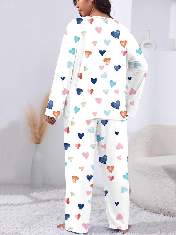 Two-Piece Set Plus Size Heart Print Pyjama Lounge Set, Casual Long Sleeve Tee & Pants, Women's Plus Sleepwear & Homewear for Spring & Fall, Fall Wear, Fallfreshness