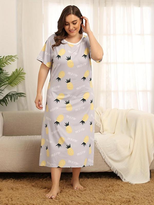 Plus Size Letter & Pineapple Print Nightdress, Casual Round Neck Short Sleeve Nightgown, Summer Clothes, Women's Sleepwear & Loungewear