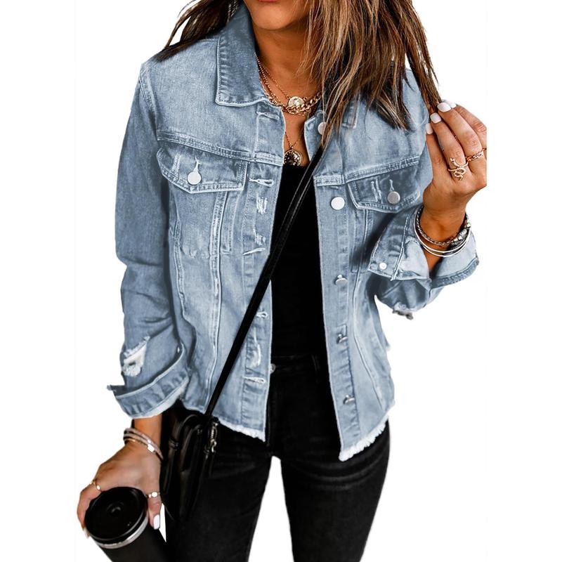 EVALESS Womens Boyfriend Washed Crop Denim Jacket Long Sleeve Button Distressed Ripped Slim Non Stretch Jean Coat-Short Style