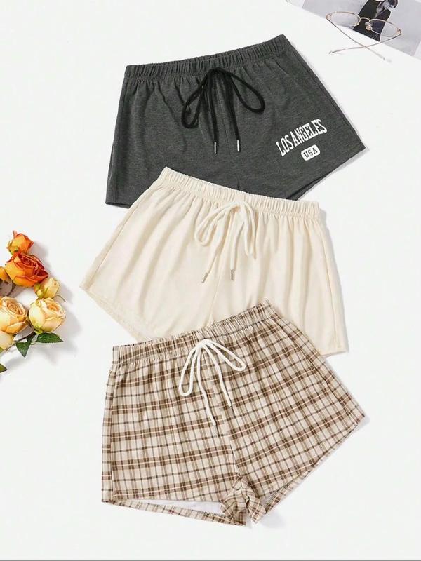 Women's Letter & Plaid Print Tie Front Shorts, Back To School Outfits, Casual Elastic Waist Shorts for Summer,  Shorts for Women, Fashion Women's Bottoms for Daily Wear Downtown Girl Clothes Womenswear Comfort Pocket