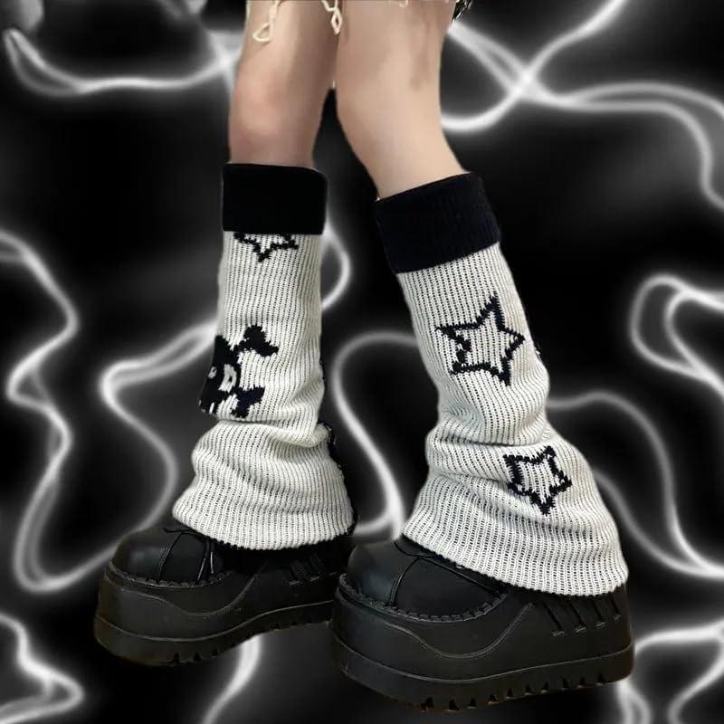 Y2k Star Skull Print Two Side Wear Knitted Leg Warmers Socks Punk Girls Japanese Kawaii Streetwear Leg Cover