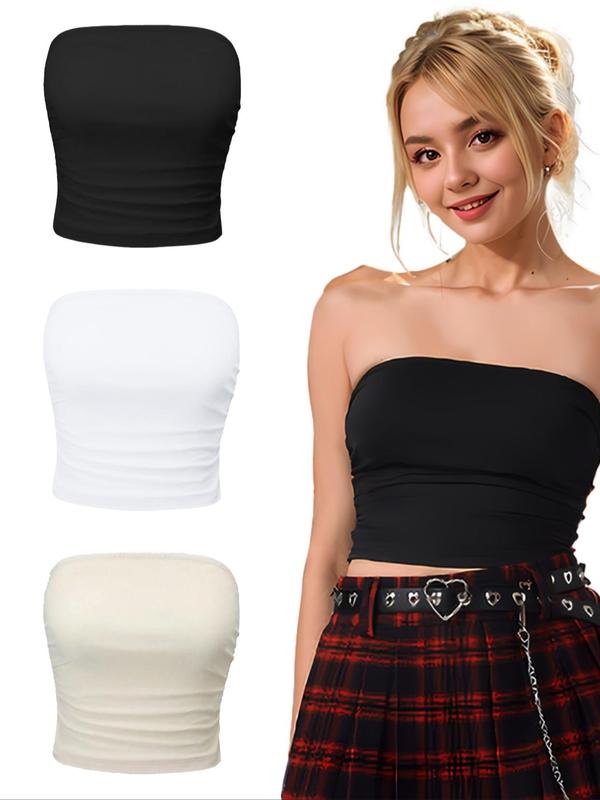 Women's Solid Ruched Crop Tube Top, Summer Clothes Women, Casual Basic Strapless Top for Summer, Women's Clothes for Daily Wear, Please Purchase One Size Smaller, Chic Womenswear