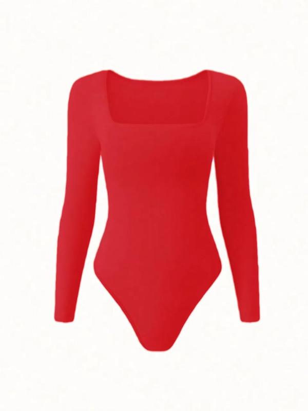 Solid Square Neck Long Sleeve Shapewear Bodysuit, Casual Comfy Tummy Control Shaper for Daily Wear, Ladies Shapewear for All Seasons Womenswear Tops Comfort Longsleeves