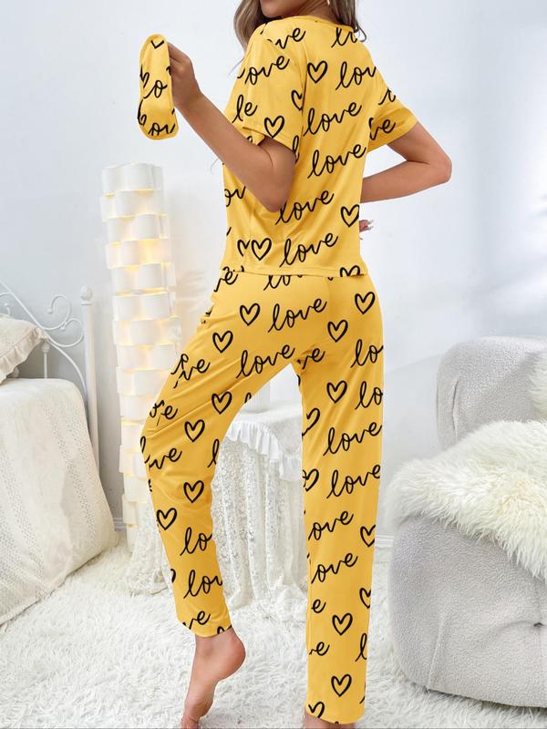 Two-Piece Set Women's Heart Print Tee & Pj Pants Pajama Set, Summer Clothes Women, Summer Wear, Crew Neck Shortsleeve T-shirt & Trousers Pj Set, Comfort Casual Comfy Pajamas Set, Lady Sleepwear & Loungewear Set for Summer Homewear, Black Girl Wear