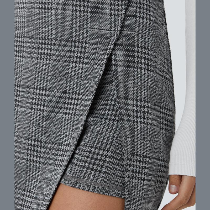 Halara High Waisted Split 2-in-1 Side Pocket Houndstooth Plaid Mini Casual Skirt