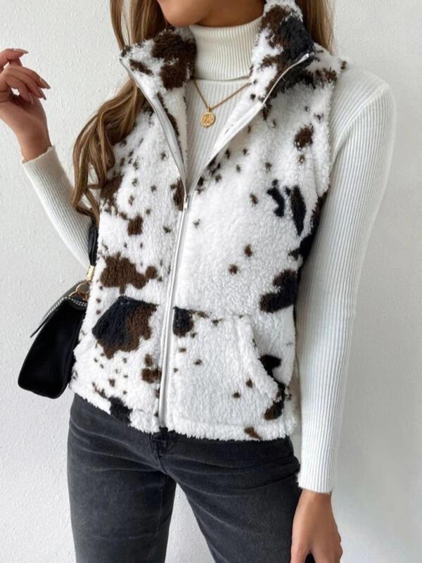 Women's Cow Print Zip Up Plush Gilet, Casual Pocket Collared High Neck Vest Outerwear for Fall & Winter, Winter Clothes Women, Clothing Tops for Lady Daily Wear, Going Out Outfits 2024, Fall Outfits