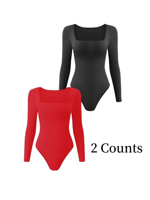 Solid Square Neck Long Sleeve Shapewear Bodysuit, Casual Comfy Tummy Control Shaper for Daily Wear, Ladies Shapewear for All Seasons Womenswear Tops Comfort Longsleeves