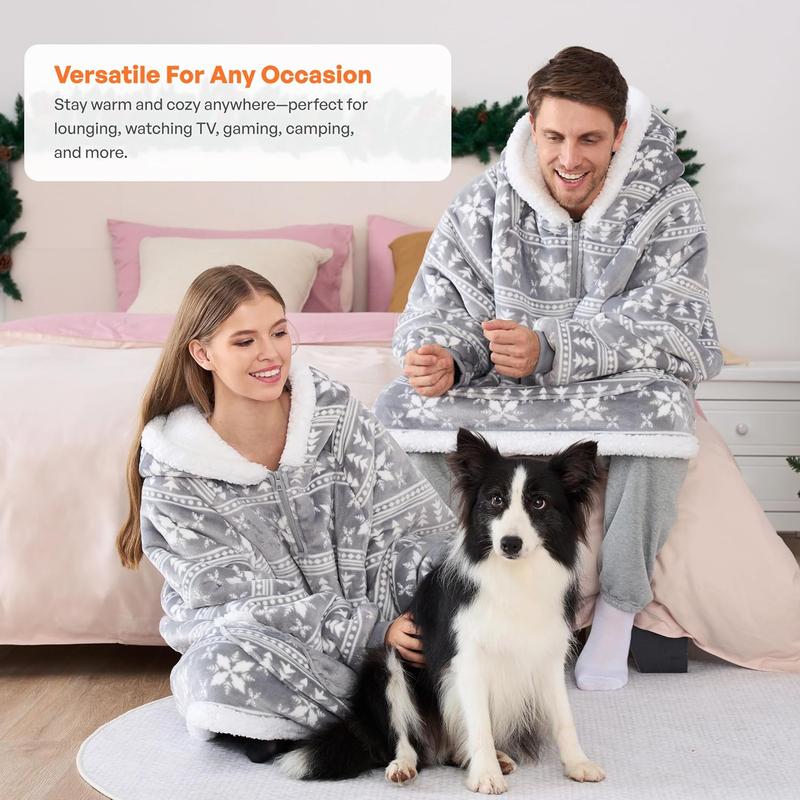 Christmas 2024 Gifts Giggling Getup Wearable Blanket Hoodie for Women Men - Oversized Flannel Sherpa Fleece Sweatshirt Blanket - with Giant Pocket & Sleeves - Cozy Warm Blanket Gifts for Adults Grey Snowflake