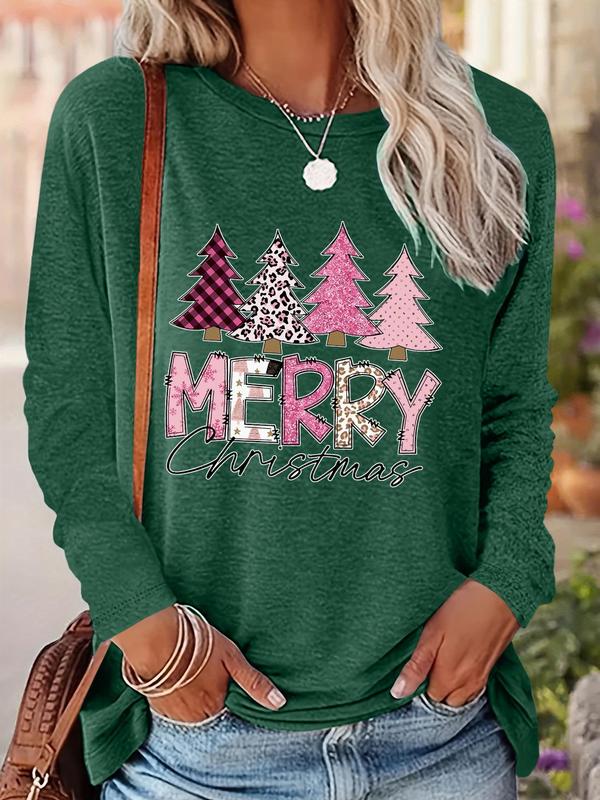 Women's Christmas Tree & Letter Print Drop Shoulder Tee, Casual Long Sleeve Round Neck Pullover for Daily Wear, Ladies Fall & Winter Clothes