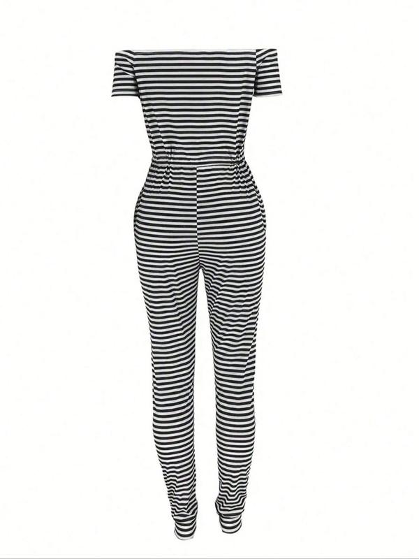 Women's Striped Print Off Shoulder Drawstring Jumpsuit, Casual Pocket High Waist Jumpsuit for Summer, Women's Clothing for Daily Wear