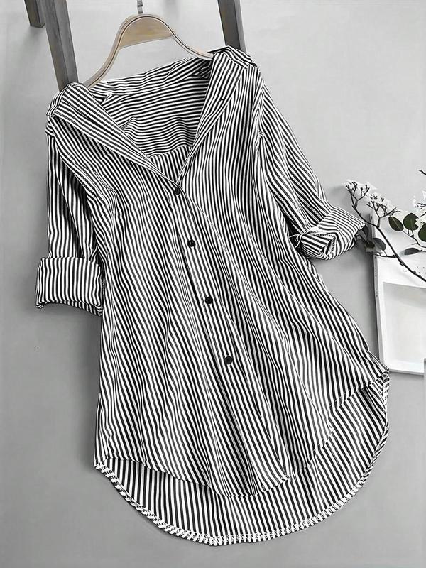 Women's Striped Print Button Shirt, Casual Long Sleeve Collared Button Up Blouse for Spring & Fall, Ladies Clothes for Daily Wear