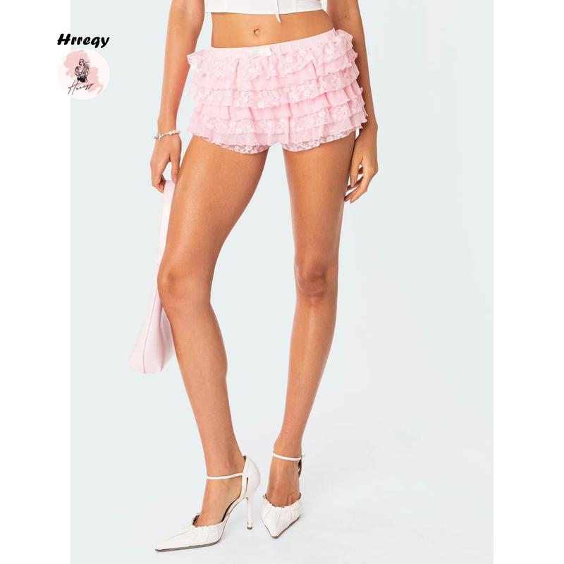 Women’s Layered Ruffle Shorts Casual Elastic Waist Bow Front Solid Color Lace Shorts Going Out Pants