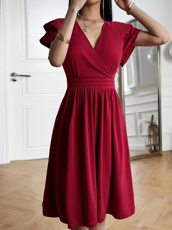 Women's Plain Butterfly Sleeve V Neck A Line Dress, Elegant Short Sleeve Midi Dress for Party Holiday Wedding Guest, Ladies Clothes for All Seasons