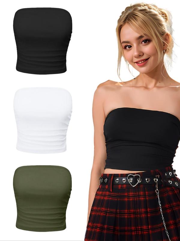 Women's Solid Ruched Crop Tube Top, Summer Clothes Women, Casual Basic Strapless Top for Summer, Women's Clothes for Daily Wear, Please Purchase One Size Smaller, Chic Womenswear