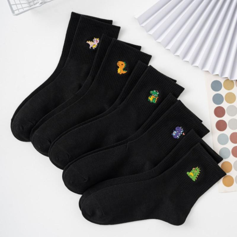 5pairs Women Dinosaur Embroidery Casual Crew Socks for Daily Life - Ankle Socks - Womenswear