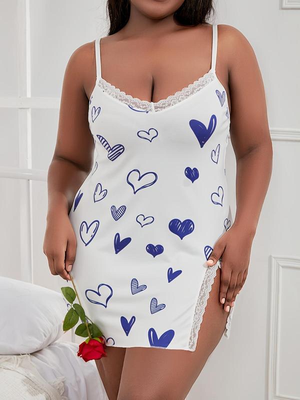 Women's Plus Size Heart Print Lace Trim Split Cami Nightdress, Night Gown for Women, House Dress for Women, Casual Comfy Spaghetti Strap Sweetheart Neck Nightgown, Summer Clothes Women, Lady Sleepwear & Homewear