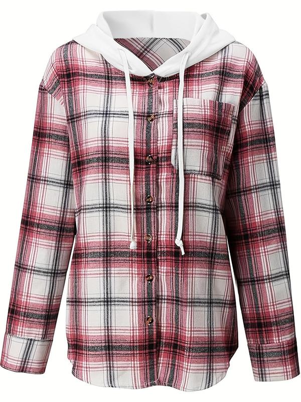 Plus Size Plaid Print Button Front Drawstring Hooded Blouse, Casual Long Sleeve Pocket Top for Spring & Fall, Going Out Tops, Women's Clothes for Daily Wear