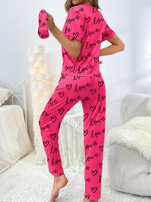 Two-Piece Set Women's Heart Print Tee & Pj Pants Pajama Set, Summer Clothes Women, Summer Wear, Crew Neck Shortsleeve T-shirt & Trousers Pj Set, Comfort Casual Comfy Pajamas Set, Lady Sleepwear & Loungewear Set for Summer Homewear, Black Girl Wear