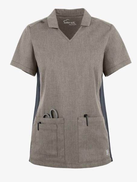 Butter-Soft STRETCH Women's 3-Pocket Short Sleeve Collar and Knit Panels Scrub Top