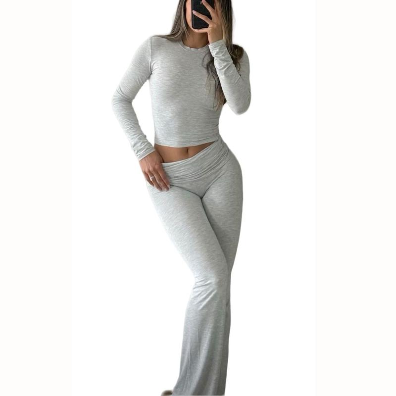 Women's 2 Piece Outfits Lounge Sets Ruched Long Sleeve Tops and High Waisted Wide Leg Pants Tracksuit Sets