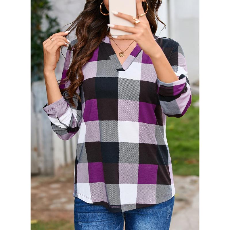 Dokotoo Womens Basic Casual V Neck Plaid Print Cotton Cuffed Long Sleeve Work Tops Blouses Shirts