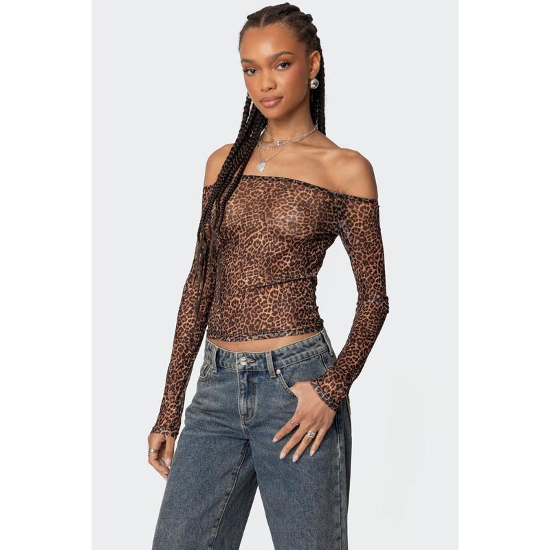 Leopard Sheer Mesh Off Shoulder Top