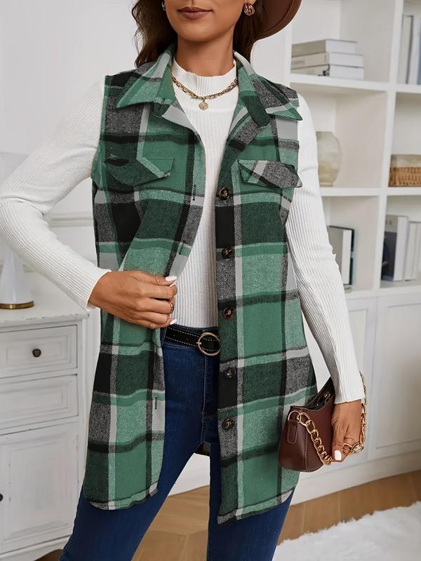 Women's Plaid Print Open Front Vest Coat, Casual Sleeveless Outerwear for Spring & Fall, Ladies Clothes for Daily Wear