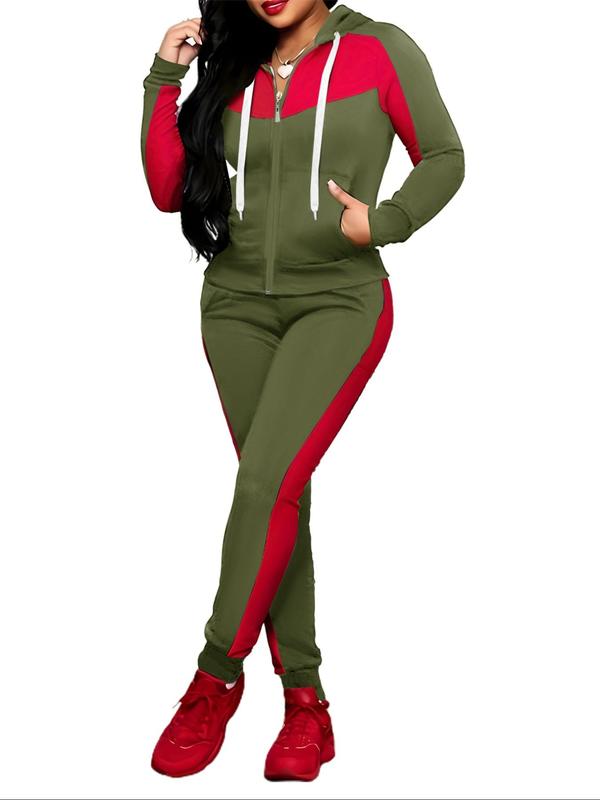 Two-Piece Set Women's Colorblock Zip Up Drawstring Hooded Jacket & Elastic Waist Pants, Casual Long Sleeve Hooded Outerwear & Pocket Trousers for Fall & Winter, Women's Clothes for Daily Wear