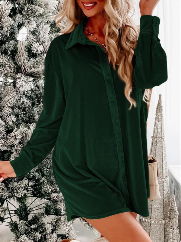 Women's Button Front Pocket Shirt Velvet Dress, Casual Drop Shoulder Long Sleeve Collared Mini  Dress for Daily Wear, Ladies Clothes for All Seasons