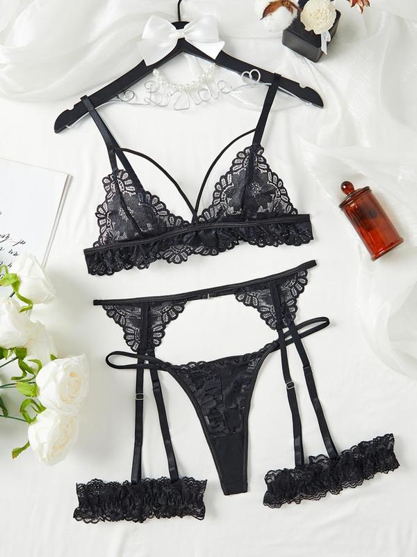 Women's Floral Lace Sheer Sexy Lingerie Set, Adjustable Strap Cut Out Bra & Thong & Garter Belt & Thigh Ring Set, Romantic Nightwear Set for Women