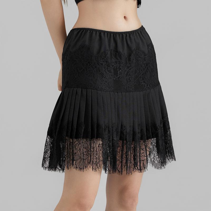 Women High Waist A-Line Mini Skirts Mid-Rise Pleated Lace Skirts Spring Summer Casual Short Mesh Skirt