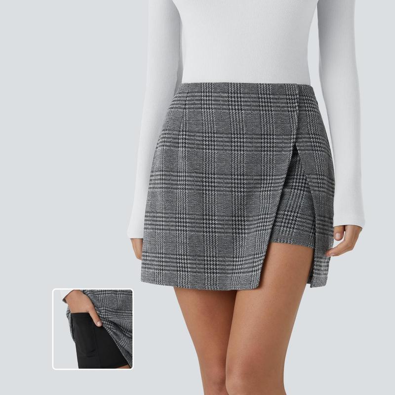 Halara High Waisted Split 2-in-1 Side Pocket Houndstooth Plaid Mini Casual Skirt