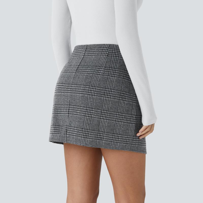 Halara High Waisted Split 2-in-1 Side Pocket Houndstooth Plaid Mini Casual Skirt