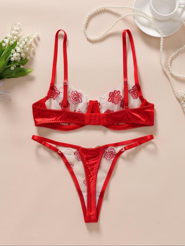 Women's Floral Embroidery Underwire Bra & Thong Underwear Two-piece Set, Adjustable Strap Push Up Bra & Thong Set, Lingerie Set for Women