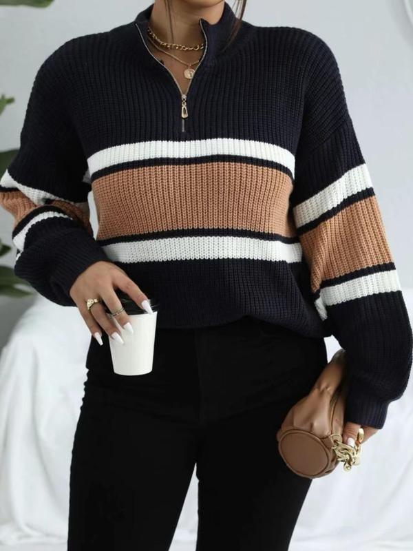 Women's Stylish Colorblock Striped Print Half Zip Up Drop Shoulder Sweater, Casual Longsleeves Stand Collar Jumper for Fall & Winter, Sweaters for Women, Women's Knitwear Clothing, Comfort Womenswear for Lady