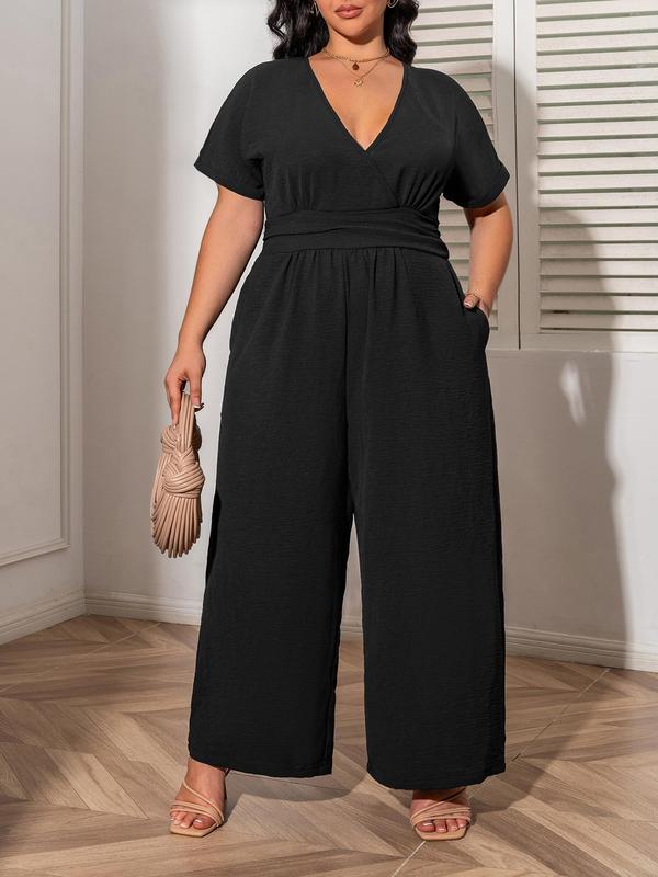 CURVZY Plus Size  Plain Wrap V Neck Wide Leg Jumpsuit, Casual Drop Shoulder Half Sleeve Jumpsuit for Summer Holiday Vacation, Women's Plus Clothing for Daily Wear