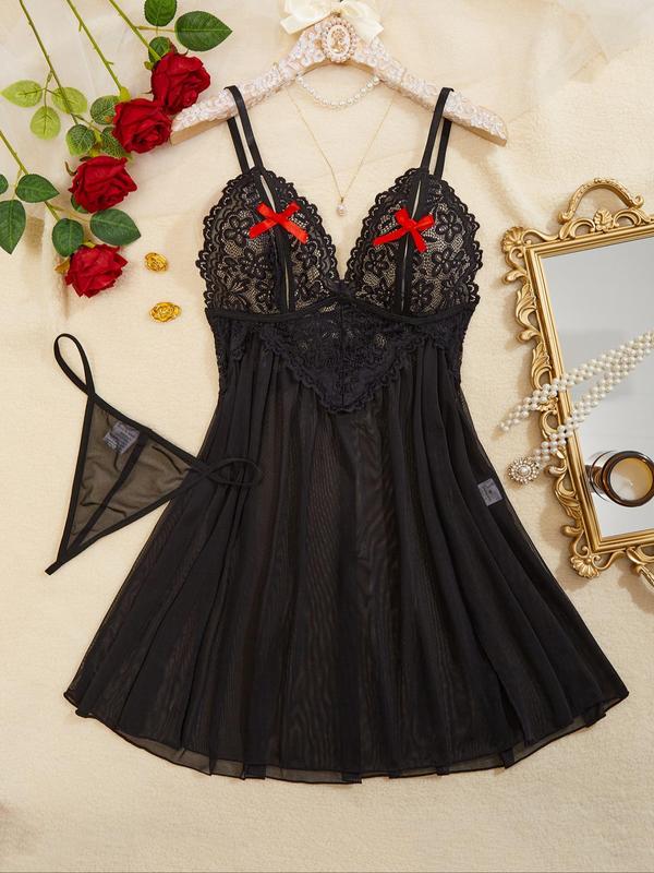 Women's Contrast Lace Sheer Cami Nightdress & Thong Sexy Lingerie Set, Romantic Bow Decor Flower Decor Sleepwear Set, Women's Lingerie & Underwear for All Seasons