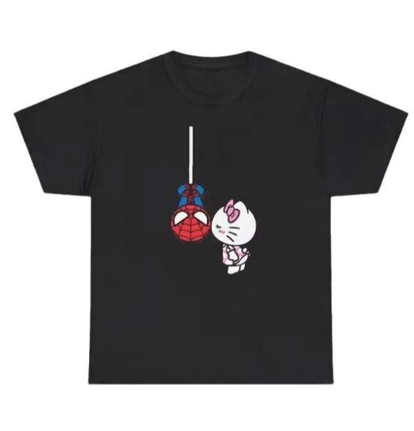 Hello Cute Kityy Love SipdermanCute Couple Gift for Birthday - Matching Couples Shirt - Spiderman Tshirt- Streetwear - Hello Kity Tshirt Hip Hop Rap Merch Tee, Graphic Tee For Fans, Back To School Cotton Fabric Original Overalls Tee