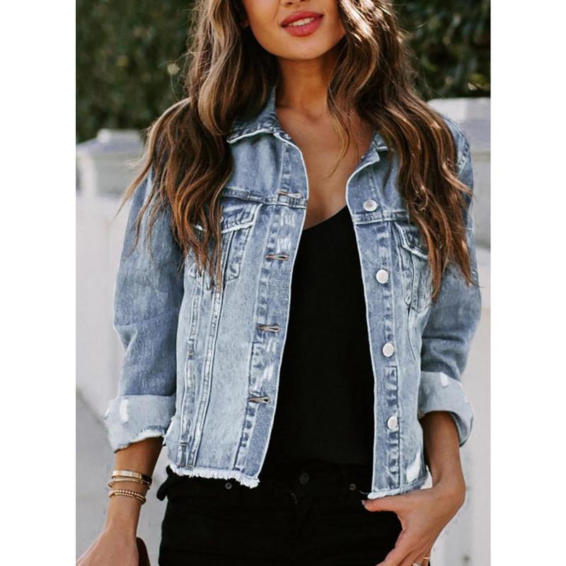 EVALESS Womens Boyfriend Washed Crop Denim Jacket Long Sleeve Button Distressed Ripped Slim Non Stretch Jean Coat-Short Style